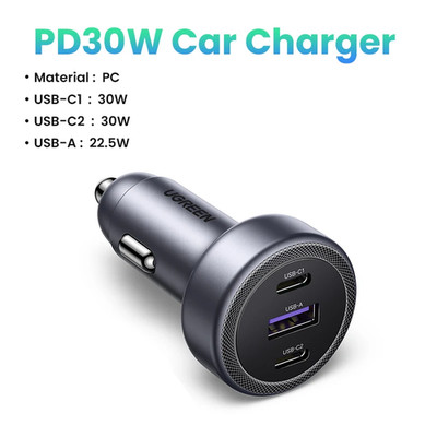 UGREEN PD30W Car Charger 3 Port USB C Fast Charge Adapter for Phones Tablets