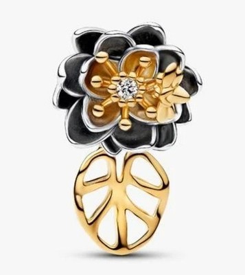 New PANDORA Disney Princess Tiana Lotus Flower Lab Diamond Charm, Gold, Silver. 