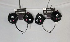 Black Cat Pom Pom Girls Child Fuzzy Classic Halloween Headband     Lot Of 2 