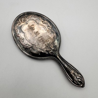 Vintage Art Nouveau Silver Monogramed Floral Pocket Mirror Signed RB