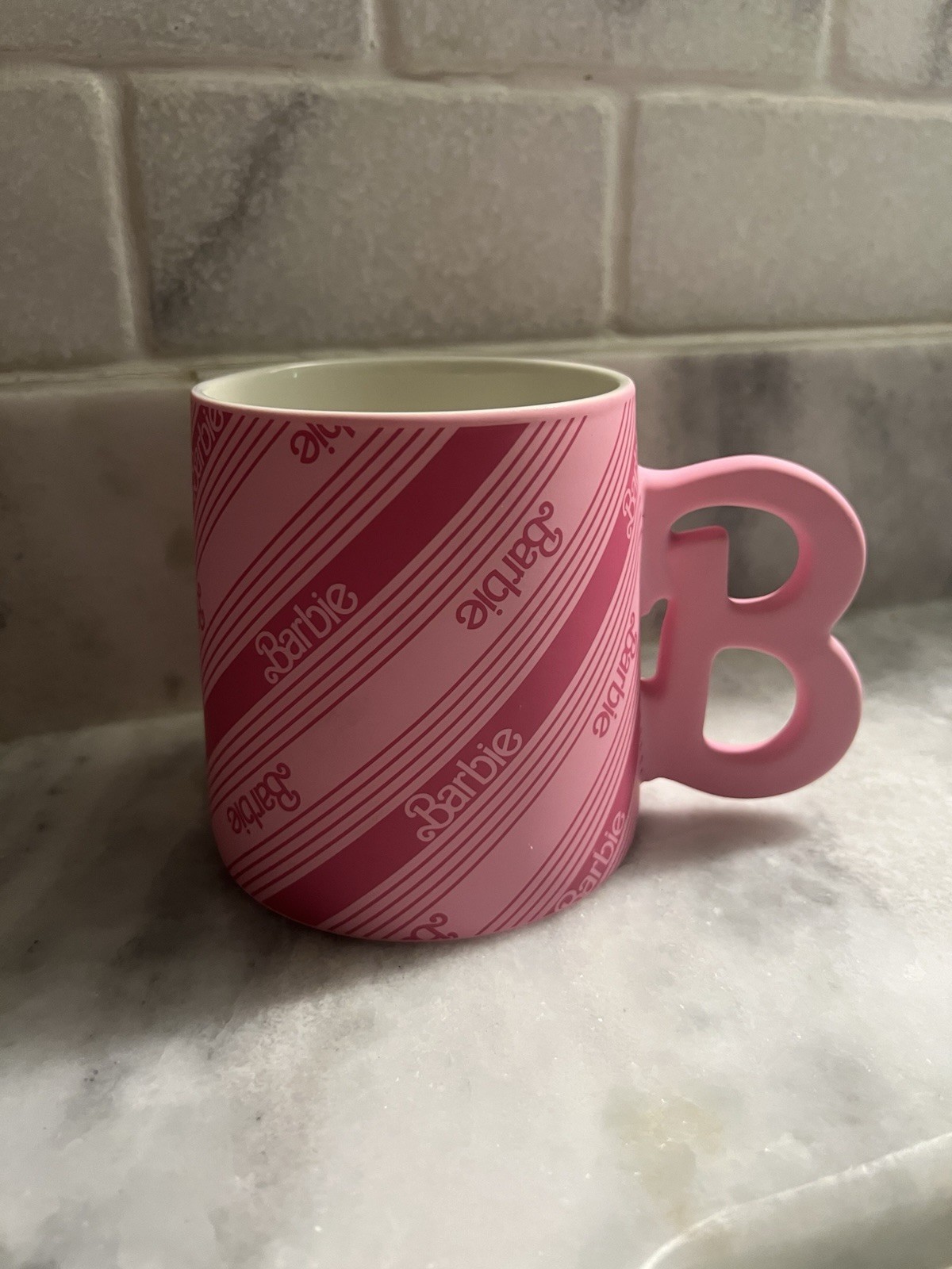 Barbie Pink Mug with 'B' Shape Handle and Candy Stripe Pattern 21 oz Coffee Mug