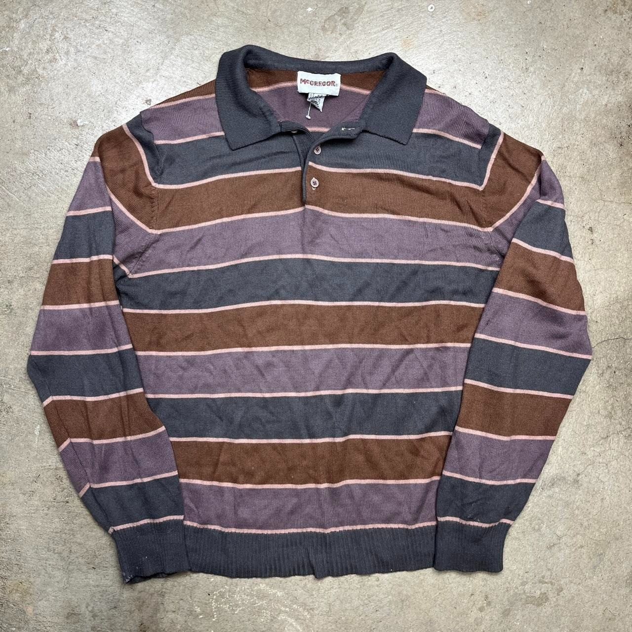 Vintage 80s Mcgregor Knit Polo Sweater Striped Size XL Green Brown