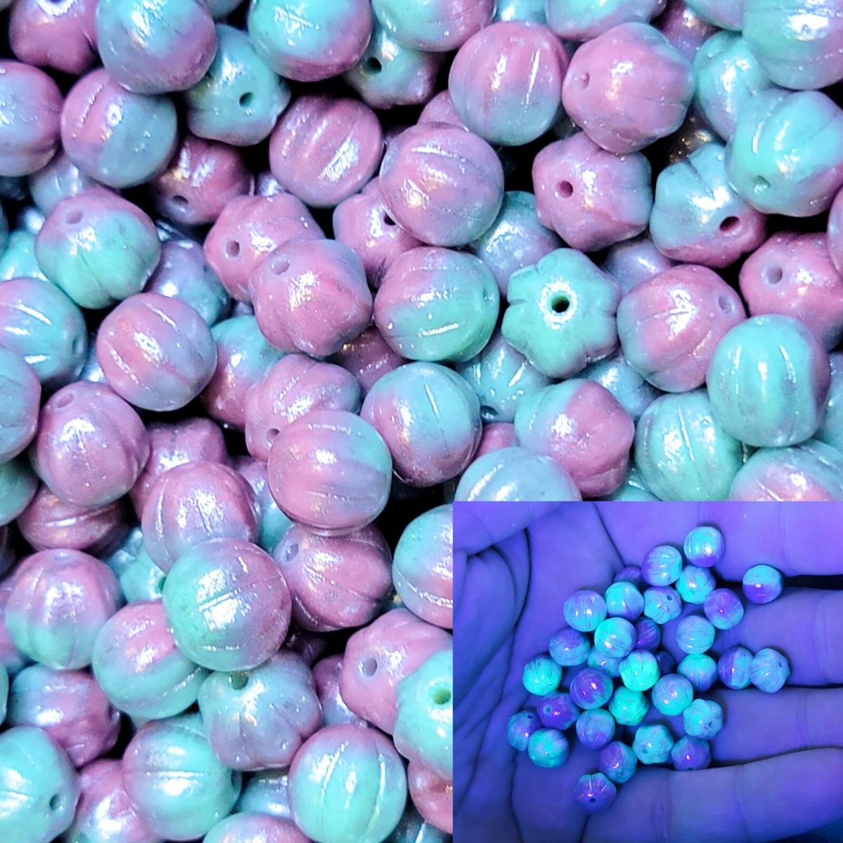 Silvery Melon Uranium Glass Beads 8mm Czech Pink Green 10pcs - Main Image
