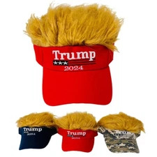 2024 President Donald TRUMP Red Trumpy Visor Hat w/Gold Hair Golf Cap Wig MAGA