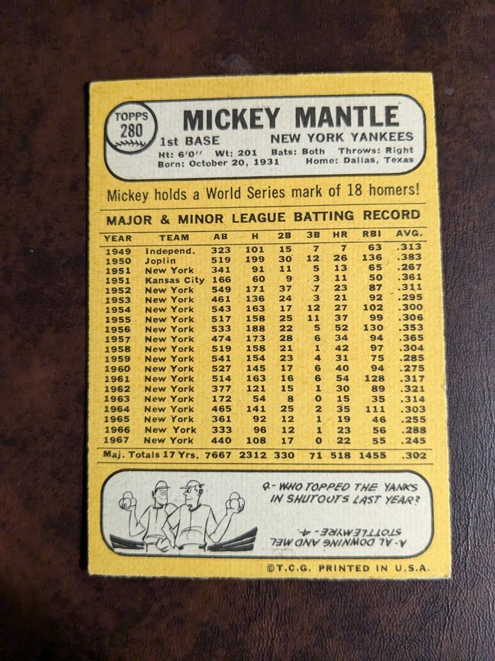 1968 Topps 280 Mickey Mantle (Scotch Tape Damage see photos) eBay