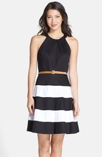  ELIZA J STRIPE SKIRT COTTON SATEEN  FIT & FLARE BLACK/IVORY  DRESS sz  4