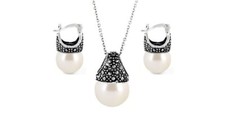 Solid 925 Sterling Silver Genuine Marcasite White Pearl Earring & Necklace Set