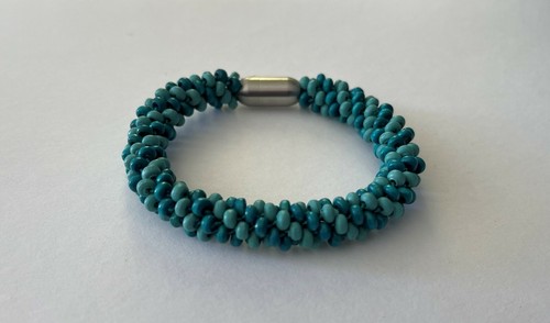 Two Tone Teal Wooden Beaded Bracelet with Stainless Steel Magnetic Clasp - Picture 4 of 8