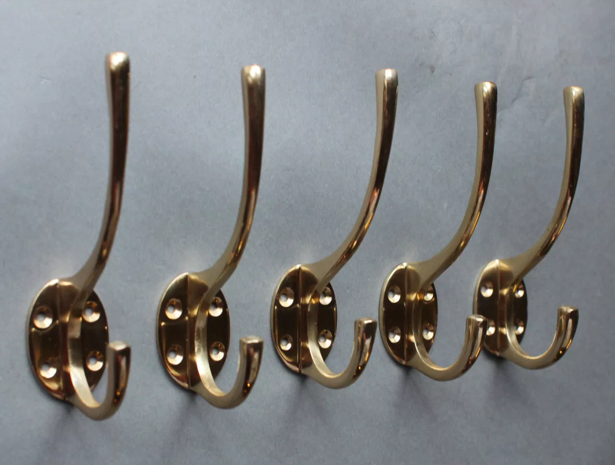 5 x SCHOOL BRASS HAT & COAT HOOKS VICTORIAN ANTIQUE VINTAGE DOOR WALL -  CH17(x5)