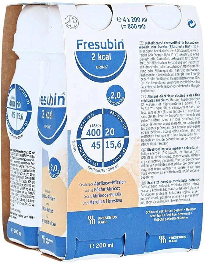 24 x Fresubin 2KCal Drink Apricot/Peach 200ml 6 x 4 x 200ml - NEW