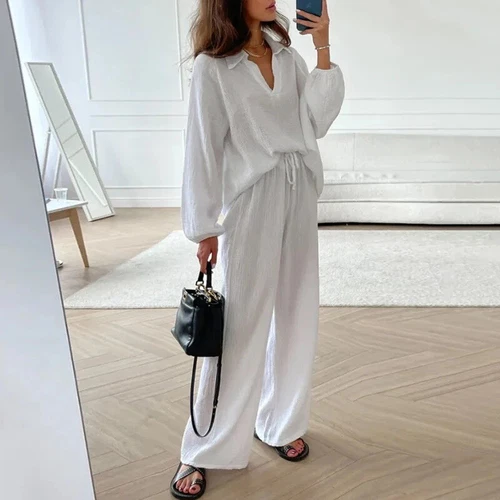 Women V Neck Long Sleeved Top Loose Casual Drawstring Pants Set 2Pcs Set Summer - Picture 10 of 28