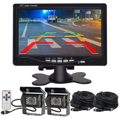 7'' MONITOR +2x 4PIN CCD BACKUP CAMERA REAR SIDE VIEW SYSTEM FOR TRUCK RV TRAILER