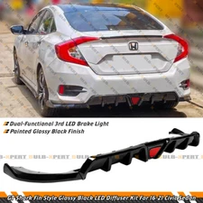 For 2016-21 Civic Sedan GT Shark Fin Style Gloss Black DIffuser Kit W/ LED Light