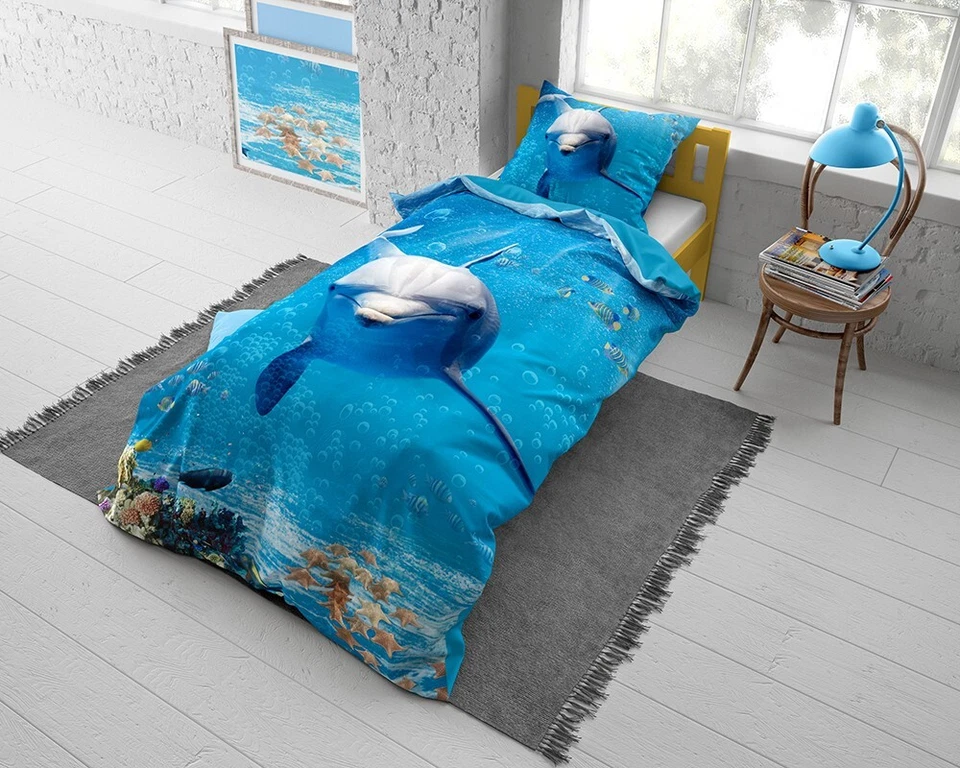 Set Housse de Couette 140x200+Taie Oreiller 100% Coton Enfant Dauphin Dolly Bleu - Photo 3/4