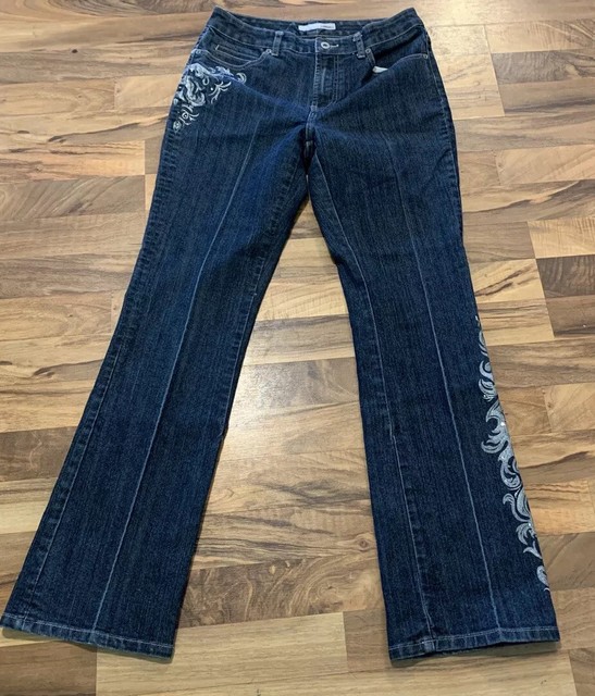 Chicos Platinum Women’s Floral Bling Rhinestones Embellished Jeans Size