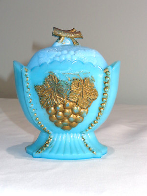 Antique Westmoreland Blue Milk Glass Grapes & Cherries Cov'd Sugar Bowl