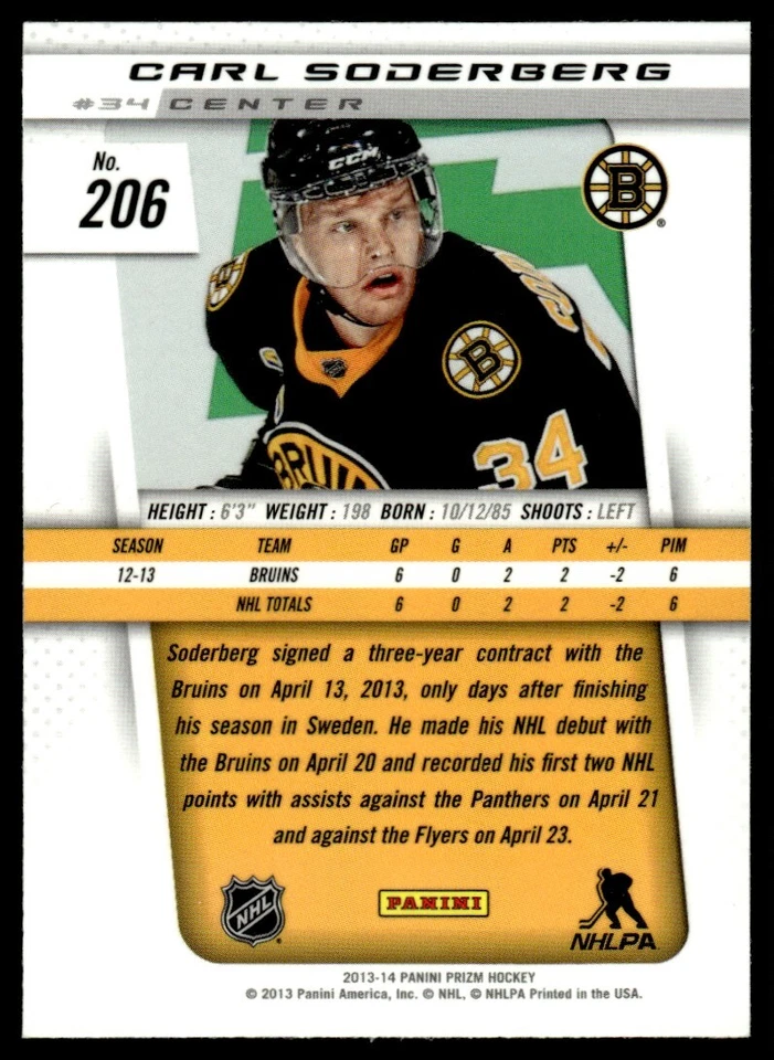 2013-14 Panini Prizm Carl Soderberg Rookie Boston Bruins #206 - Image 2 of 2