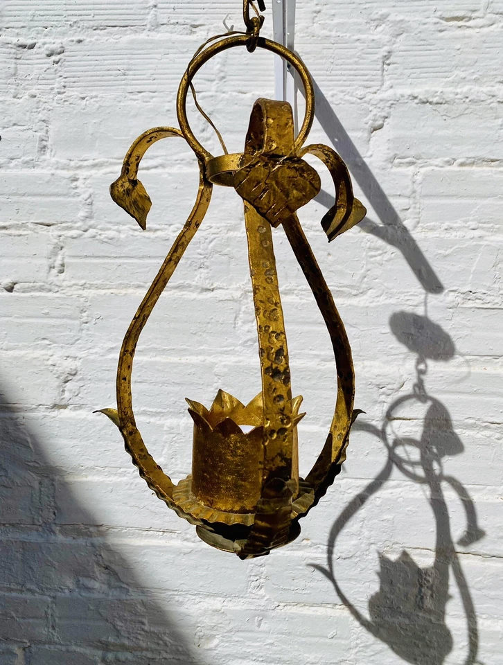 Lámpara antigua linterna española de hierro forjado dorado de 20" gótica medieval Foto 4 de 4