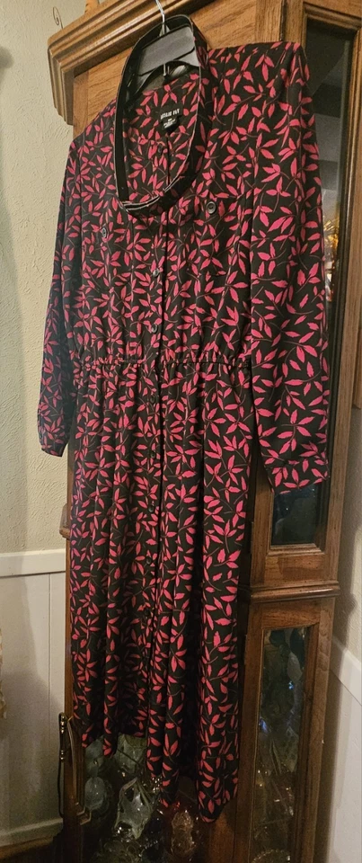 Vtg LESLIE FAY Red & Black Button Front Maxi Secretary 80s Dress w/Belt 10P - Image 2 of 4