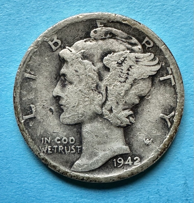 1942-D Mercury Dime. 90% Silver.￼VG Condition. Wartime Coin. Charity