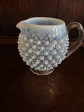 Vintage Fenton French Opalescent Squat Jug With Applied Clear Handle And Base