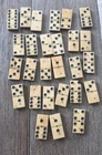 ORIG CIVIL WAR ERA SOLDIER'S BONE & EBONY 2 PIECE DOMINOES / BRASS PINS