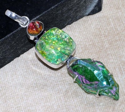 925 Silver Plated Long Green Titanium Aura Quartz Dichroic Glass Pendant 3'' GW