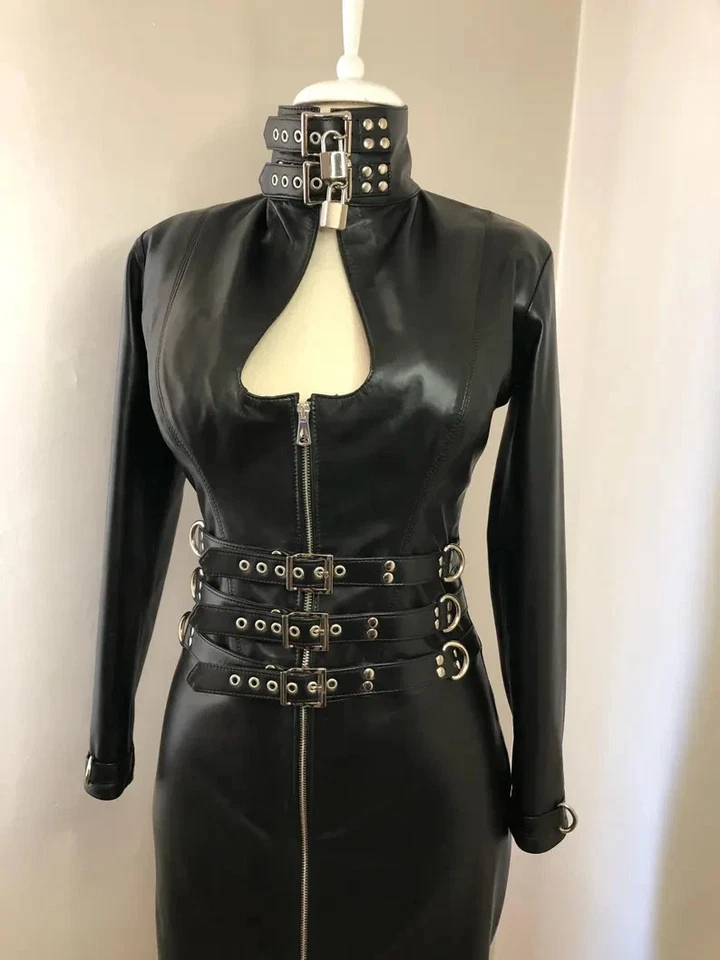 Vestido gótico negro de cuero genuino ceñido al cuerpo para mujer con hebilla cremallera punk ropa de club nocturno Foto 3 de 4