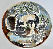 Signed-Chien Bat Trang Vietnamese Pottery 14" Art Wall Plate Nude Female Bathing