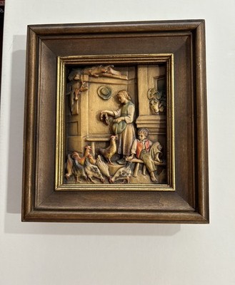 4'' x 5''  ALBERT ANKER framed wood relief carving -''THE POULTRY  YARD''