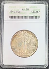 1944 Walking Liberty50C ANACS Soapbox AU58 Stunning Rainbow Color! - 1c Auction!