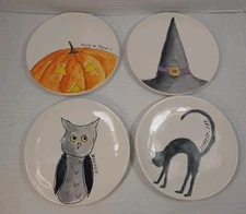 Set Of 4 Rae Dunn Artisan Collection Witch Hat, Owl, Scaredy Cat, Pumpkin 6" 