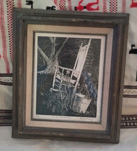Sheila Gilligan 7×9  etched art 34/200 12×14” frame IN THE BACKYARD II