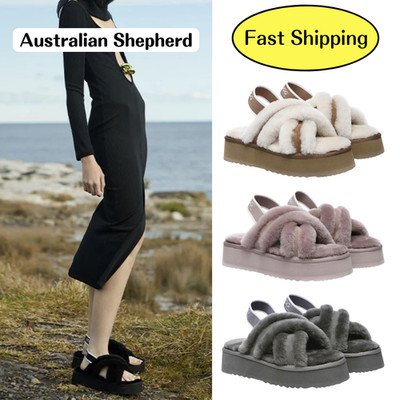 AUSTRALIAN SHEPHERD  UGG Slides Women Sheepskin Wool Platform Fuzzy Sandal Aditi