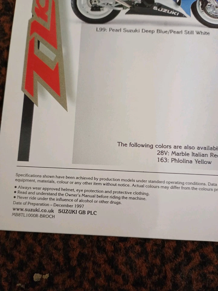 Suzuki TL1000R sales brochure. 1998 UK model Genuine original. Dated Dec, 1997 - Image 3 of 4