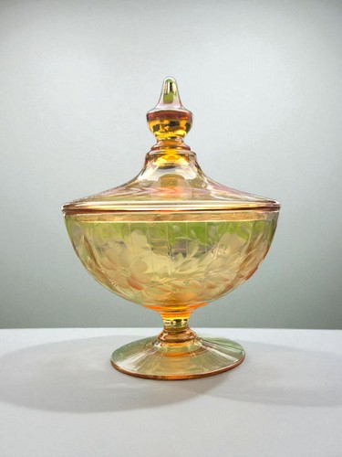 Fostoria Royal Amber Etched Depression Glass Pedestal Candy Dish with Lid #2250 - Picture 8 of 21