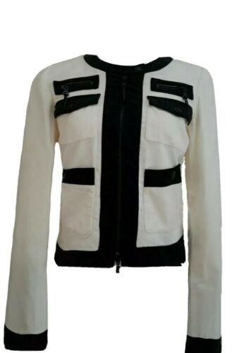 Worth Women's Jacket Blazer 97% Cotton White Black Full Zipper NEW Size XS 0-2