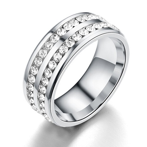 Anello 8mm Acciaio Inox Matrimonio Argento/Oro Fascia Uomo Donna Coppia Zirconi Misura 5-13 - Foto 9 di 16