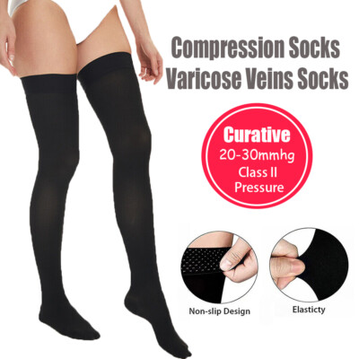 Graduated Elastic Thigh High Health COMPRESSION DVT STOCKING Black/Beige Socks