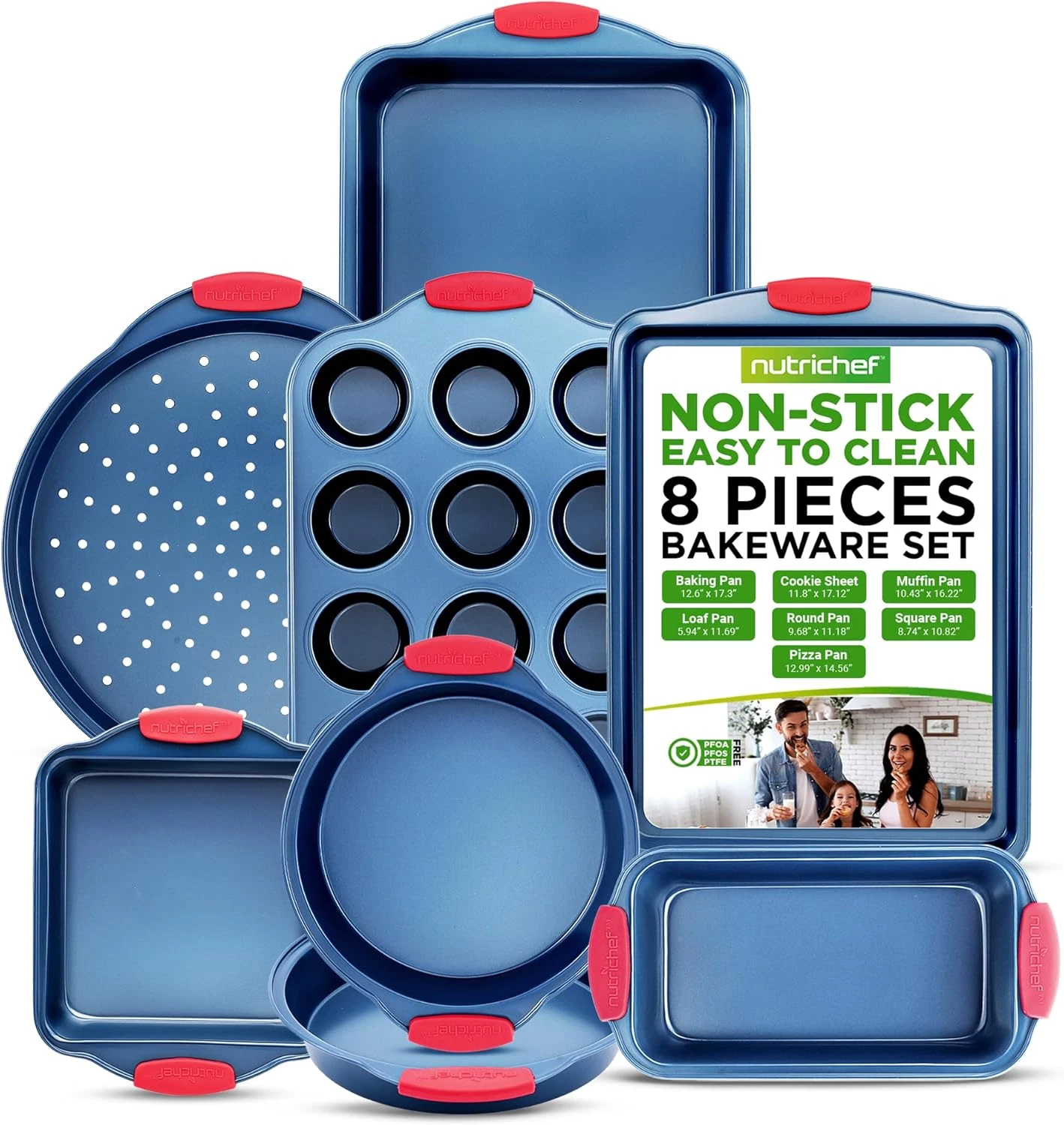 8-Piece Bakeware Set - Nonstick Carbon Steel Baking Pans with Red Silicone Handl