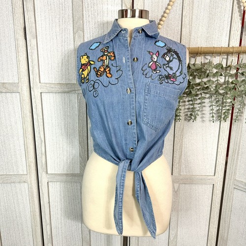 Vtg Disney Winnie The Pooh Tigger Piglet Patch Glitter Denim Shirt Sleeveless S