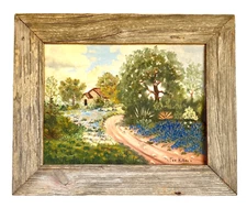 Vintage Rustic Framed Folk Art Bluebonnet Oil Painting, Signed Fan Killion