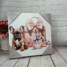 NWT ELICO LTD Hand-Painted Canvas frenchie French Bulldog and Pink Accessories