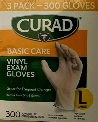 Curad Basic Care Vinyl Exam Gloves Large Box for 300 Gloves