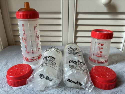Vintage Playtex Drop-Ins Decorated RED TRAIN Bottles 4 & 8 ounce + 1 Flat Nipple