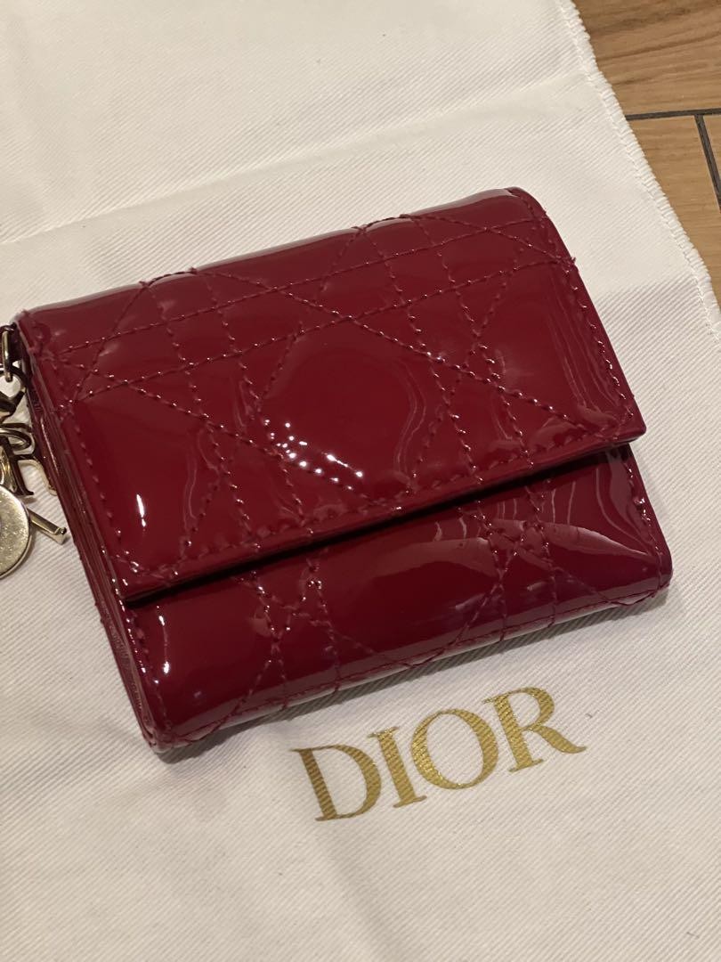 Dior Lotus Red Enamel Trifold Wallet with Box and Accessories
