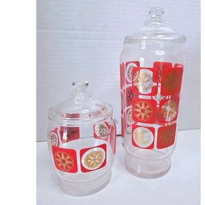 Vintage MCM Red Gold Atomic Starburst Glass Canister Set of 2 Retro Kitchen Jars