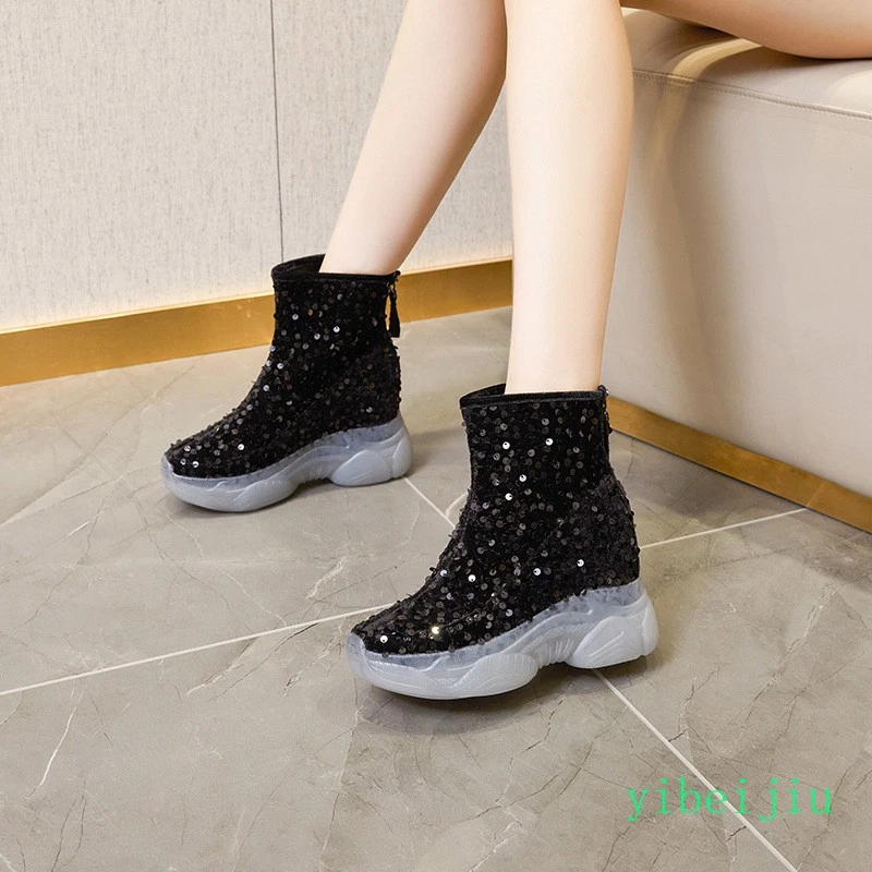 2025 Mujeres Plataforma Botines Invierno Lentejuelas Terciopelo Piel Polar Zapatos Tacón Medio Foto 3 de 4