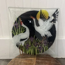Peggy Karr Collectible Fused Glass Asian Collection Cranes 10x10 Square Tray