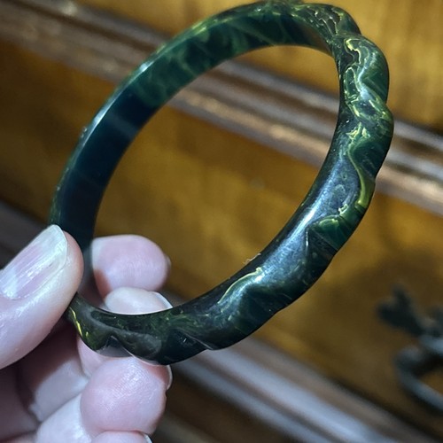 Vintage klobiger breiter geschnitzter Jakobsmuschel Gänseblümchen blauer Mond Bakelit Armreif Armband getestet - Bild 6 von 15